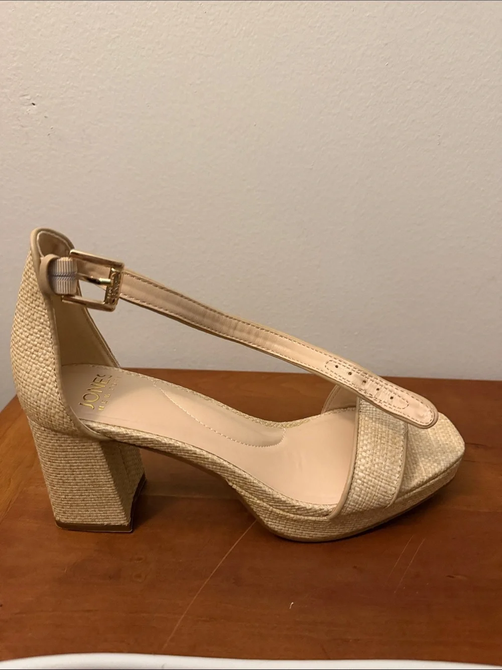 Jones New York Beige Woven Block Heel Wedges